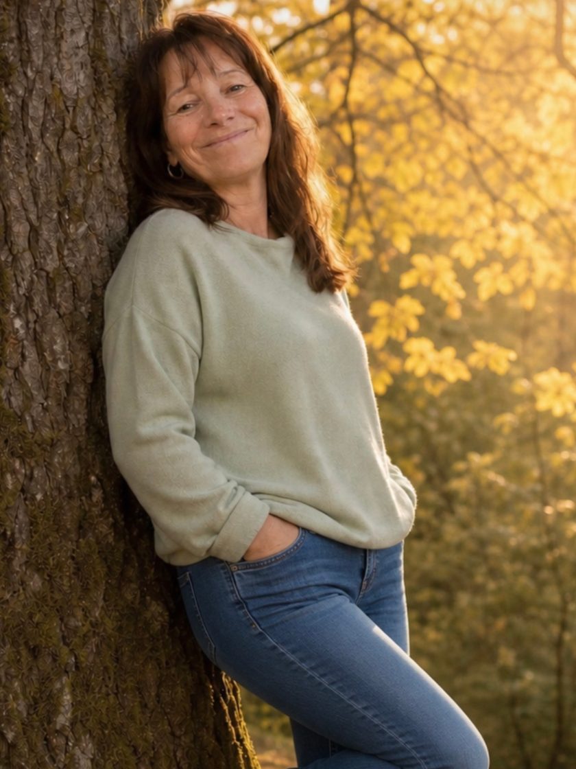 Maja Häck lehnt lächelnd an einem Baum im warmen Herbstlicht